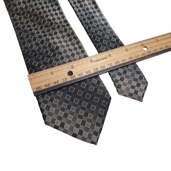 Vintage Designer Calvin Klein Men Checkered Black Gray Silk Necktie Slim Skinny - Picture 3 of 5
